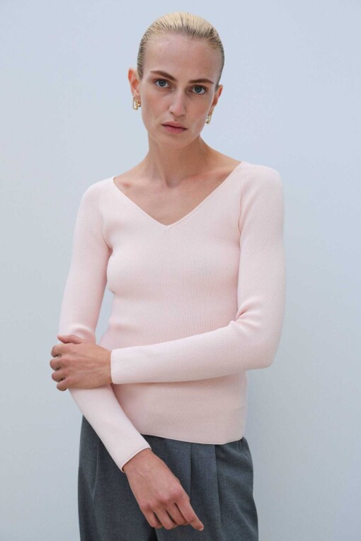 Powder Pink V-Neck Women's Sweater - Triko Mısırlı