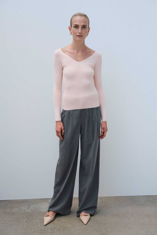 Powder Pink V-Neck Women's Sweater - Triko Mısırlı