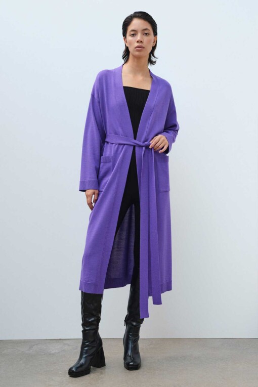 Purple Tie Waist Long Women's Cardigan 