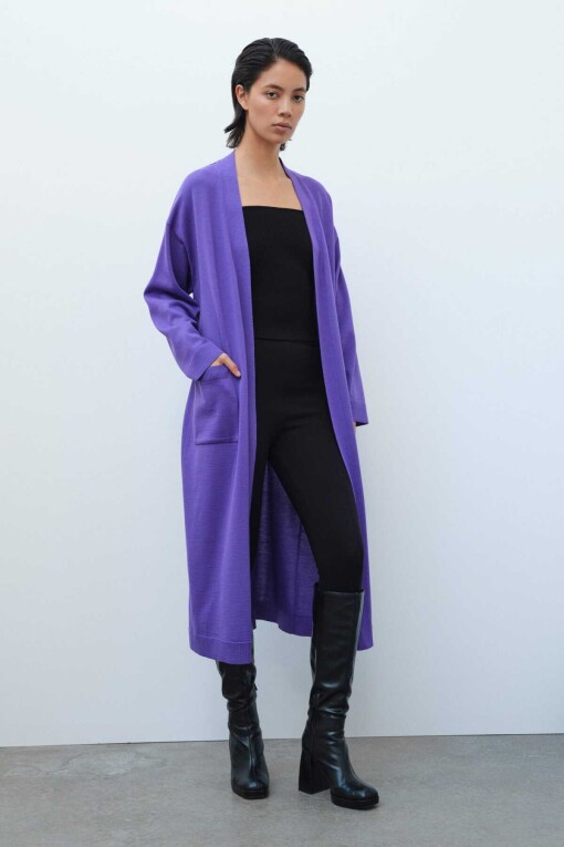 Purple Tie Waist Long Women's Cardigan - Mısırlı