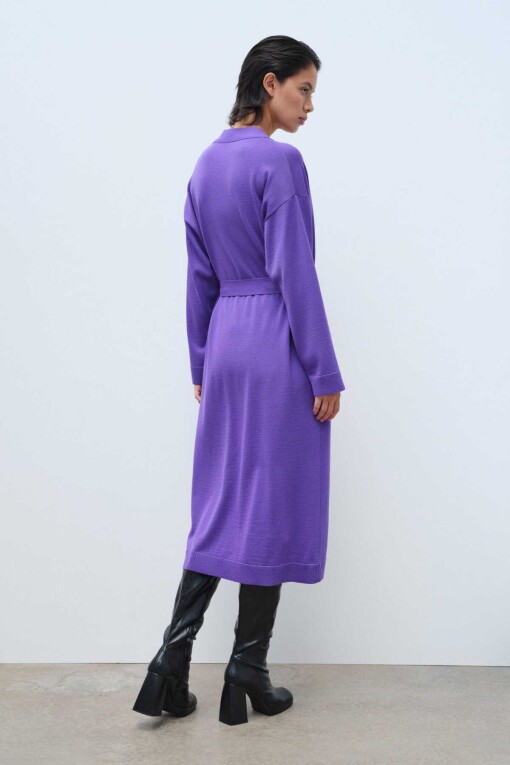 Purple Tie Waist Long Women's Cardigan - Mısırlı