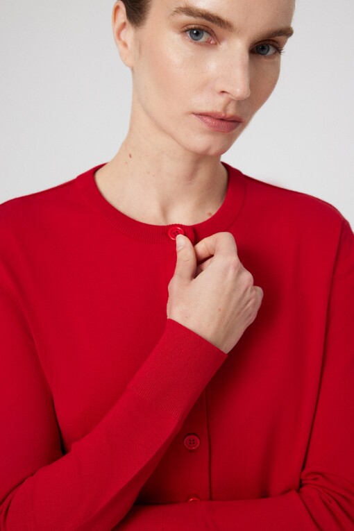 Red Button Detail Women's Cardigan - Triko Mısırlı