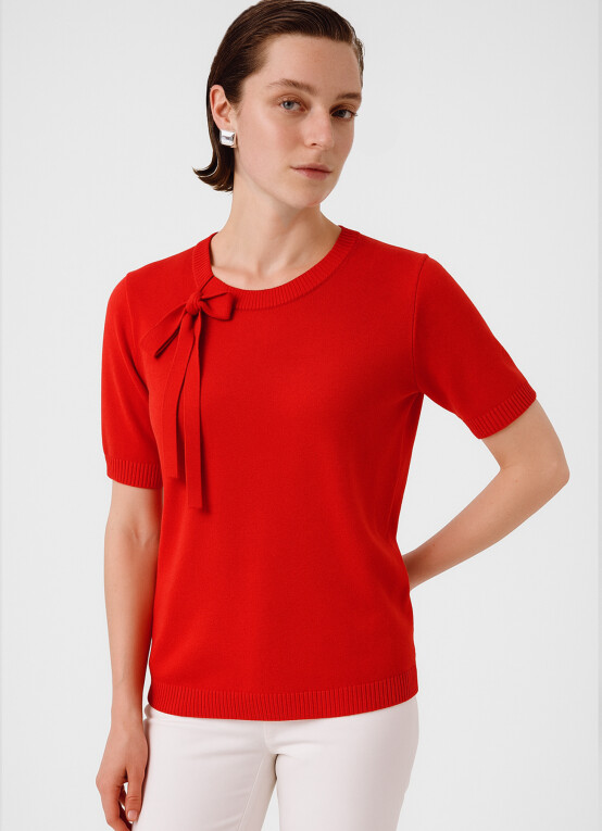 Red Ribbon Detail Short Sleeve Blouse - Triko Mısırlı