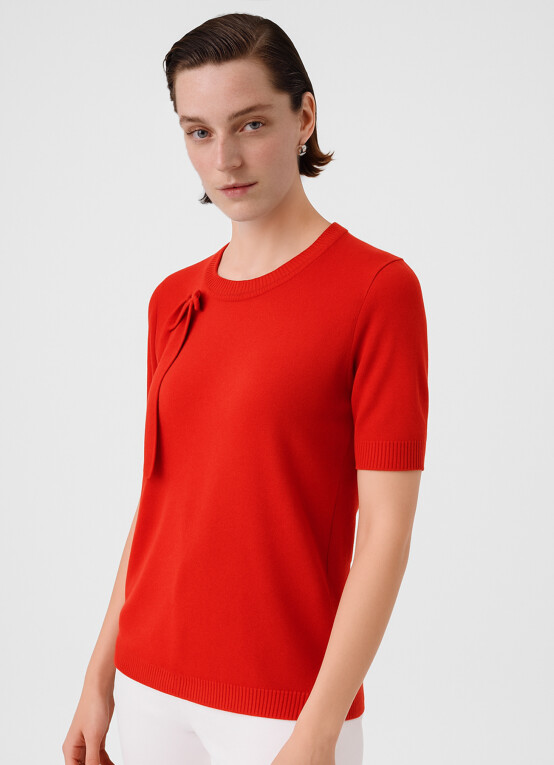 Red Ribbon Detail Short Sleeve Blouse - Triko Mısırlı