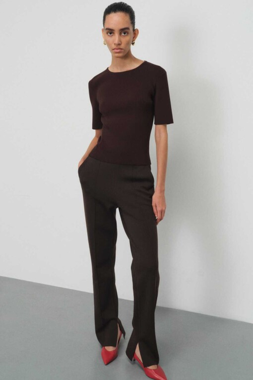 Regular Fit Brown Women's Pants - Triko Mısırlı