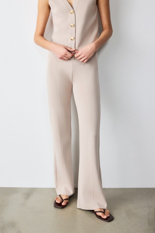 Ribbed Flare Leg Beige Women's Pants - Triko Mısırlı