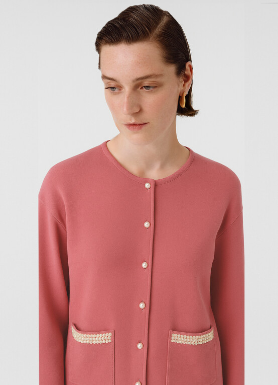Rose Pink Pearl Button Pocket Detail Women's Jacket - Triko Mısırlı