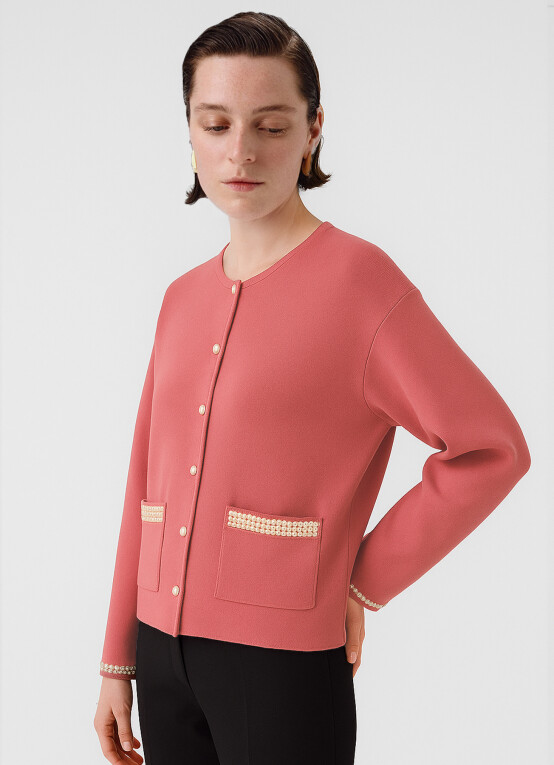 Rose Pink Pearl Button Pocket Detail Women's Jacket - Triko Mısırlı