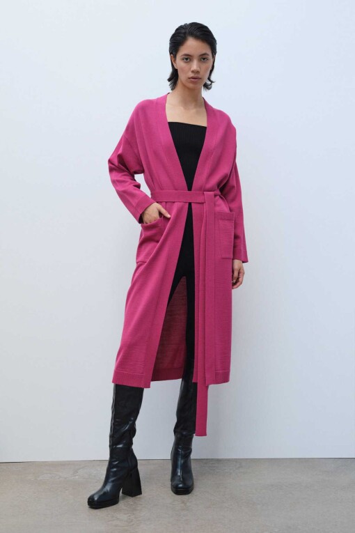 Rose Pink Tie Waist Long Women's Cardigan - Mısırlı
