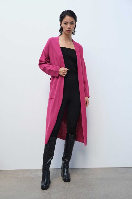 Rose Pink Tie Waist Long Women's Cardigan - Mısırlı