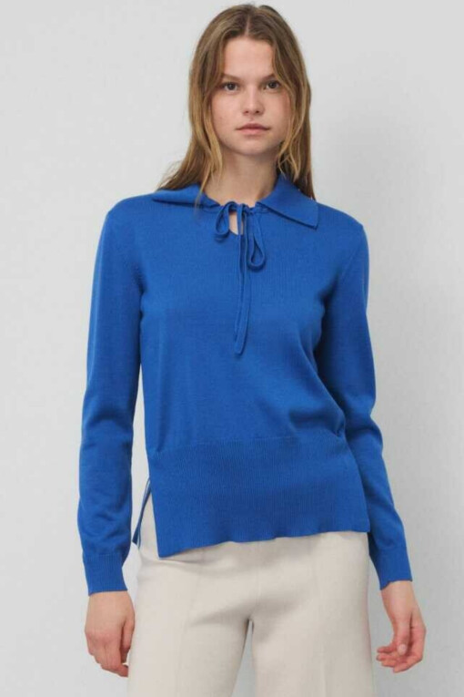 Sax Front Tie Polo Collar Women's Sweater - Triko Mısırlı