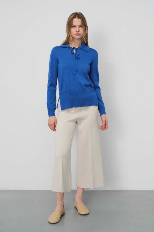 Sax Front Tie Polo Collar Women's Sweater - Triko Mısırlı
