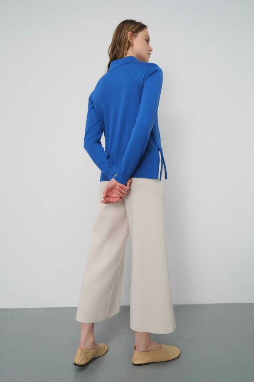 Sax Front Tie Polo Collar Women's Sweater - Triko Mısırlı