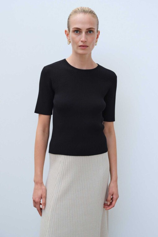 Short Sleeve Black Knit Women's Sweater - Triko Mısırlı