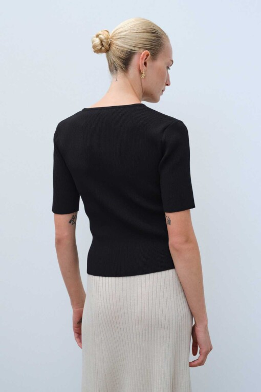 Short Sleeve Black Knit Women's Sweater - Triko Mısırlı