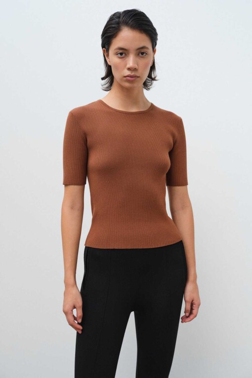 Short Sleeve Brown Knit Women's Sweater - Triko Mısırlı