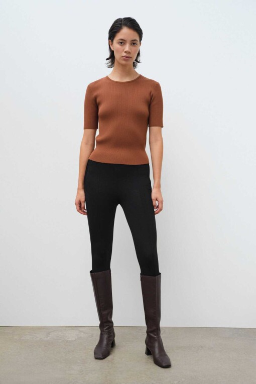 Short Sleeve Brown Knit Women's Sweater - Triko Mısırlı