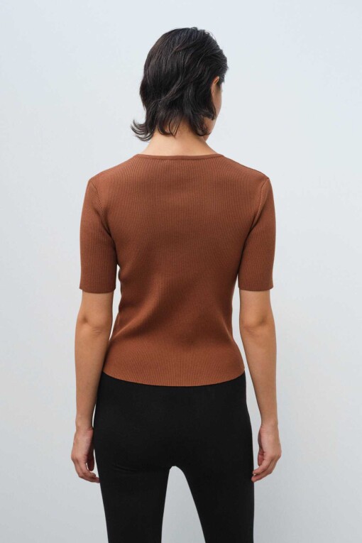 Short Sleeve Brown Knit Women's Sweater - Triko Mısırlı