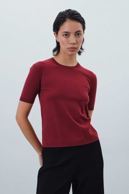 Short Sleeve Crew Neck Burgundy Knit Women's Sweater - Triko Mısırlı