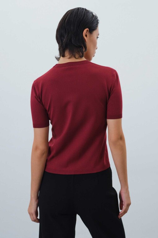 Short Sleeve Crew Neck Burgundy Knit Women's Sweater - Triko Mısırlı