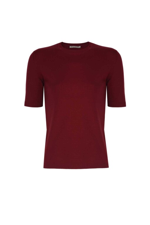Short Sleeve Crew Neck Burgundy Knit Women's Sweater - Triko Mısırlı
