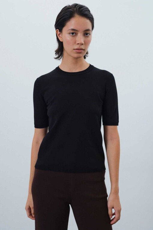 Short Sleeve Slim Fit Black Knit Women's Sweater - Triko Mısırlı