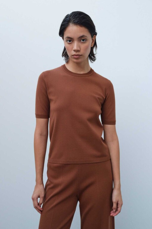 Short Sleeve Slim Fit Brown Knit Women's Sweater - Triko Mısırlı