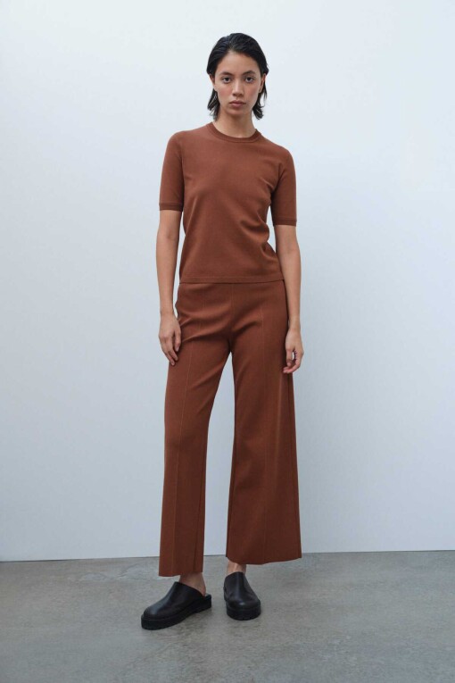 Short Sleeve Slim Fit Brown Knit Women's Sweater - Triko Mısırlı