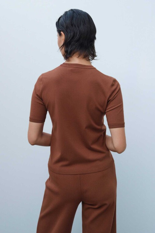 Short Sleeve Slim Fit Brown Knit Women's Sweater - Triko Mısırlı