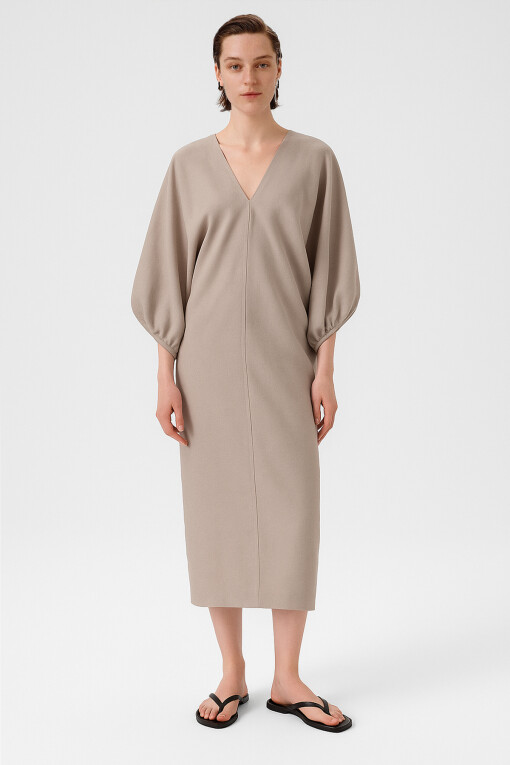 Stone Balloon Sleeve V-Neck Dress 