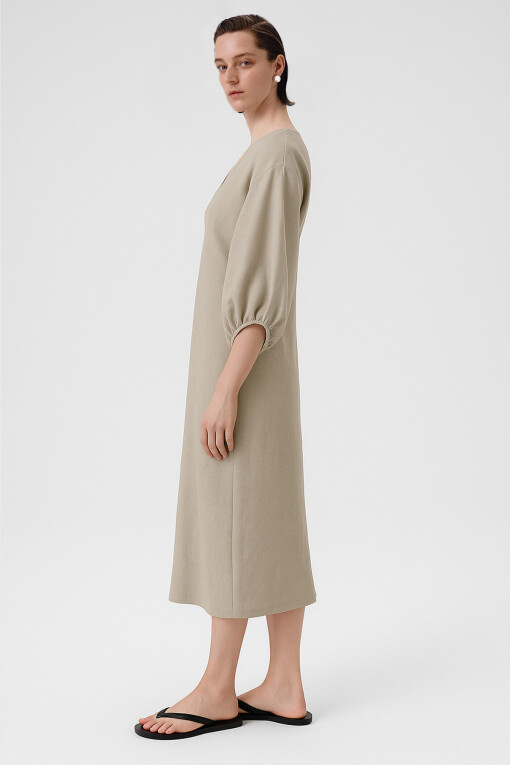Stone Balloon Sleeve V-Neck Dress - Triko Mısırlı