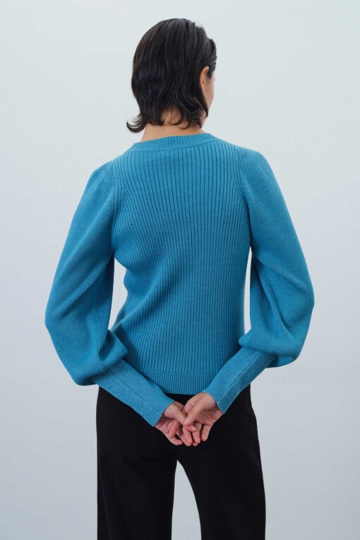 Turquoise Ribbed Crew Neck Women's Sweater - Triko Mısırlı
