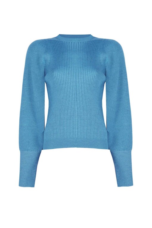 Turquoise Ribbed Crew Neck Women's Sweater - Triko Mısırlı