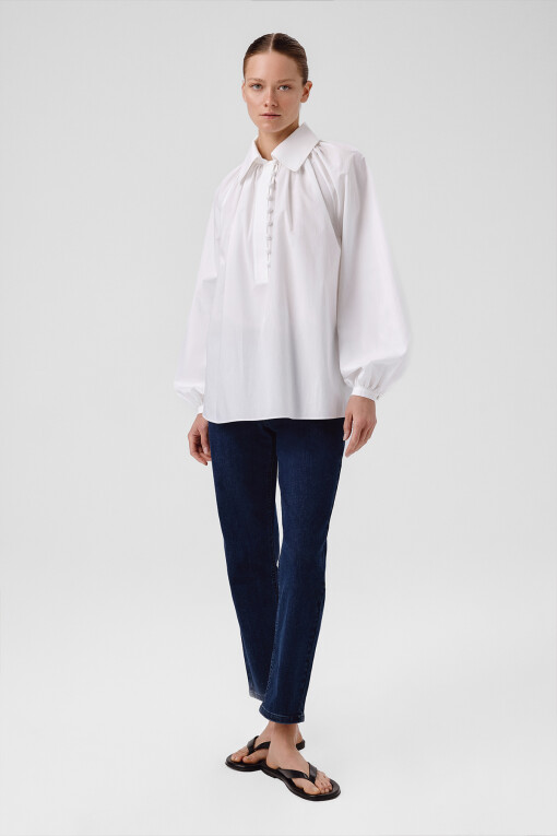White Balloon Sleeve Button Detail Blouse - Triko Mısırlı