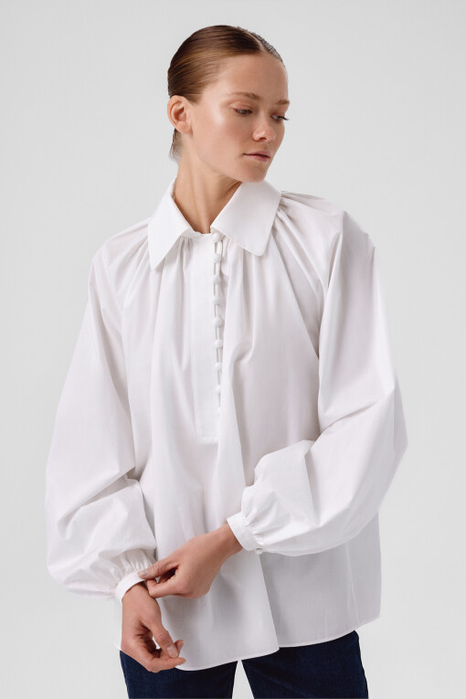 White Balloon Sleeve Button Detail Blouse - Triko Mısırlı