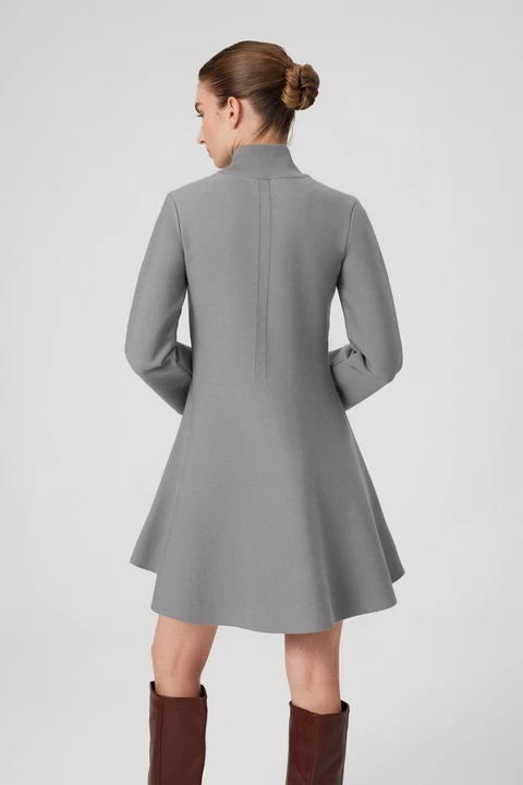Gri Balıkçı Yaka Mini Kloş Elbise - 5