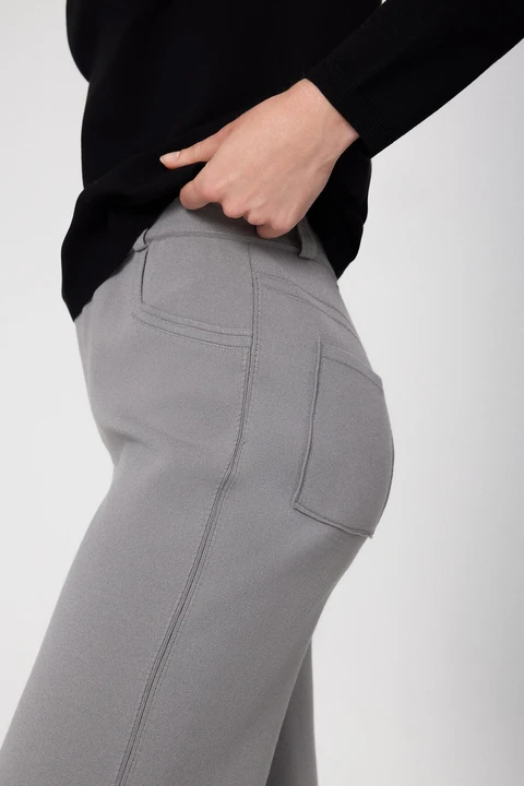 Gri Düğmeli Bol Paça Kadın Pantolon - 5