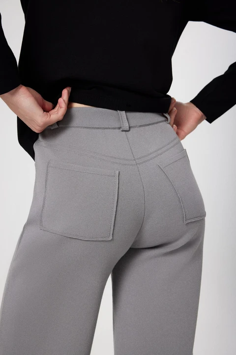 Gri Düğmeli Bol Paça Kadın Pantolon - 6