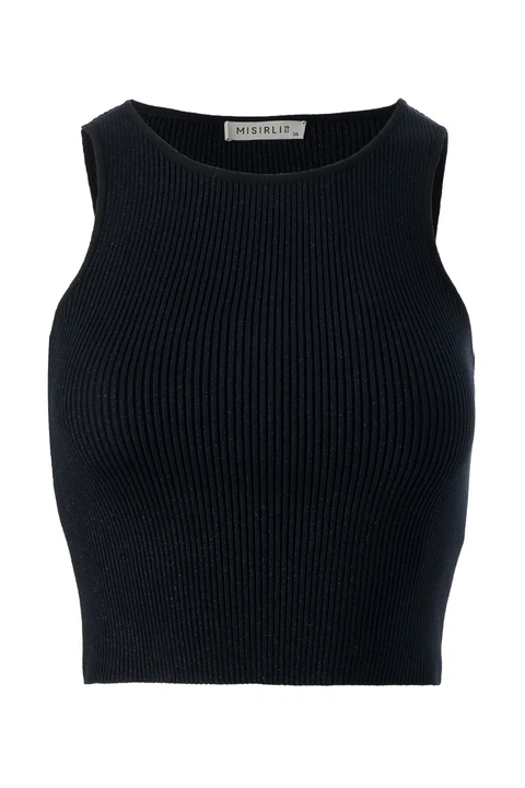 Halter Yaka Siyah Triko Crop Top - 2