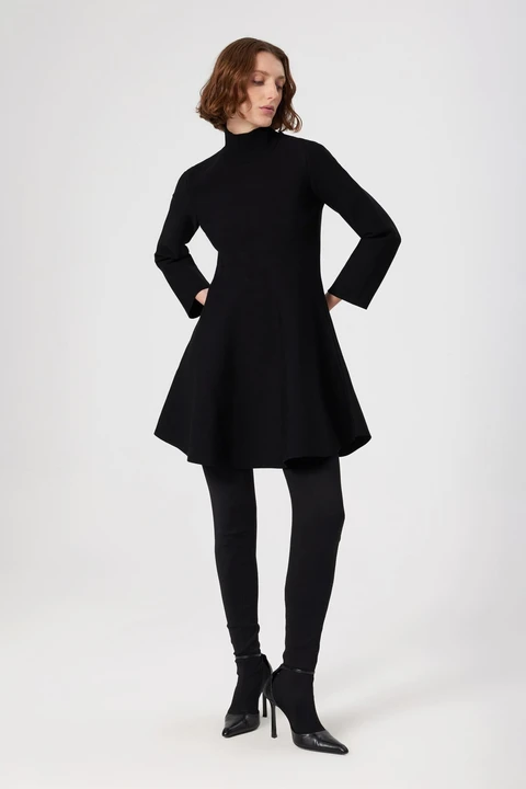 Siyah Balıkçı Yaka Mini Kloş Elbise - 1
