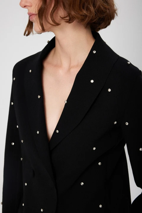 Siyah Kruvaze Taş Detaylı Kadın Blazer Ceket - 3